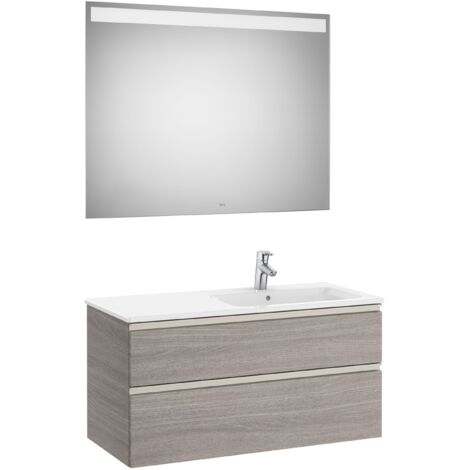 Meuble bas 2 tiroirs + vasque droite + miroir LED THE GAP - ROCA Couleur : Chêne City texturé