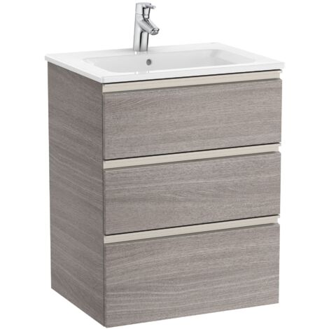 Meuble bas 3 tiroirs Unik + lavabo central THE GAP - ROCA Couleur : Chêne City texturé - Dimensions : 605x460x763 mm