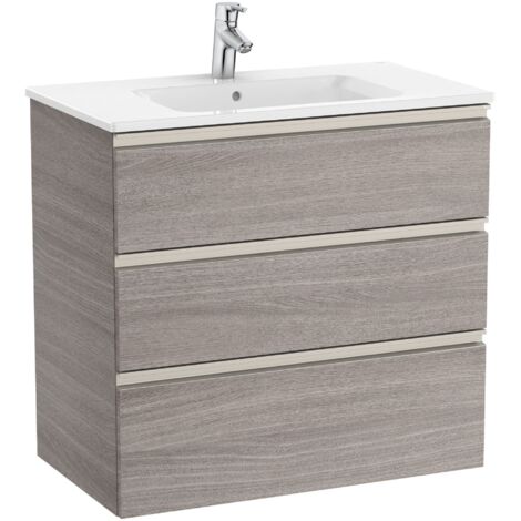 Meuble bas 3 tiroirs Unik + lavabo central THE GAP - ROCA Couleur : Chêne City texturé - Dimensions : 805x460x763 mm