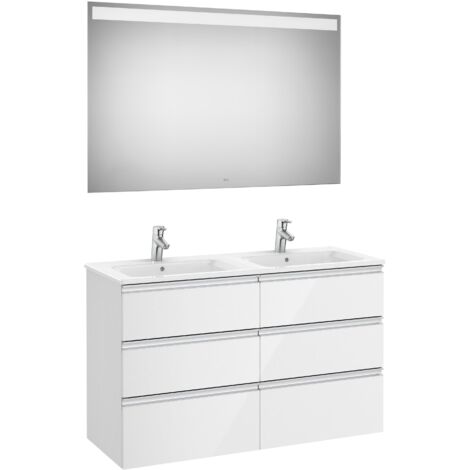 Meuble bas 6 tiroirs + double vasque + miroir LED THE GAP - ROCA Couleur : Blanc brillant