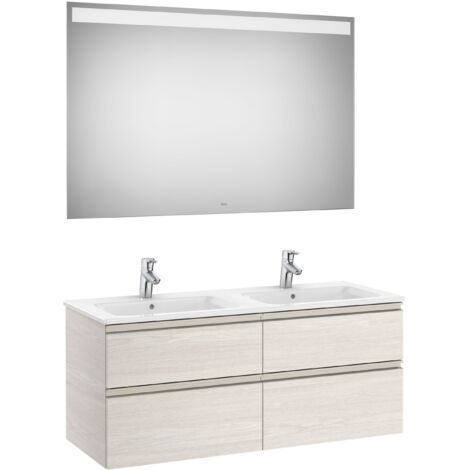 Meuble bas à quatre tiroirs, double lavabo et miroir LED THE GAP - ROCA Couleur : Frêne nordique