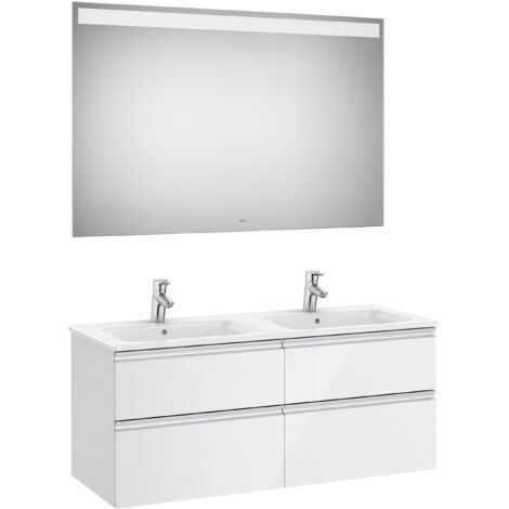 Meuble bas à quatre tiroirs, double vasque et miroir LED THE GAP - ROCA Couleur : blanc brillant