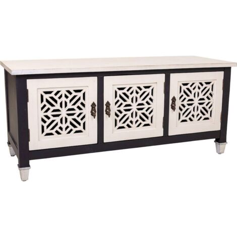 Meuble bas bois mdf blanc noir design oriental ajouré - blanc antique et noir profond