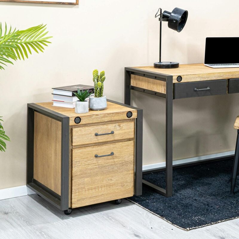 Pier Import - Meuble bas / Caisson de Bureau à roulettes Inspiration Indus' en Acacia et Métal, 2 tiroirs 51x60x60cm brooklyn