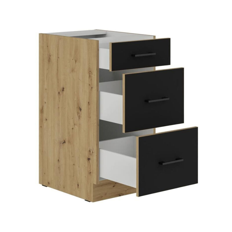 Modena - Meuble bas casserolier - 3 tiroirs - 40 x 52 x 82 cm - Chene artisan / Noir mat - Plan de travail non inclus