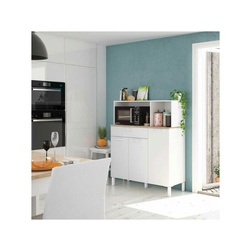 Meuble bas de cuisine 3 portes Blanc/Chêne - TEKANA - L 108 x l 40 x H 126 - Blanc