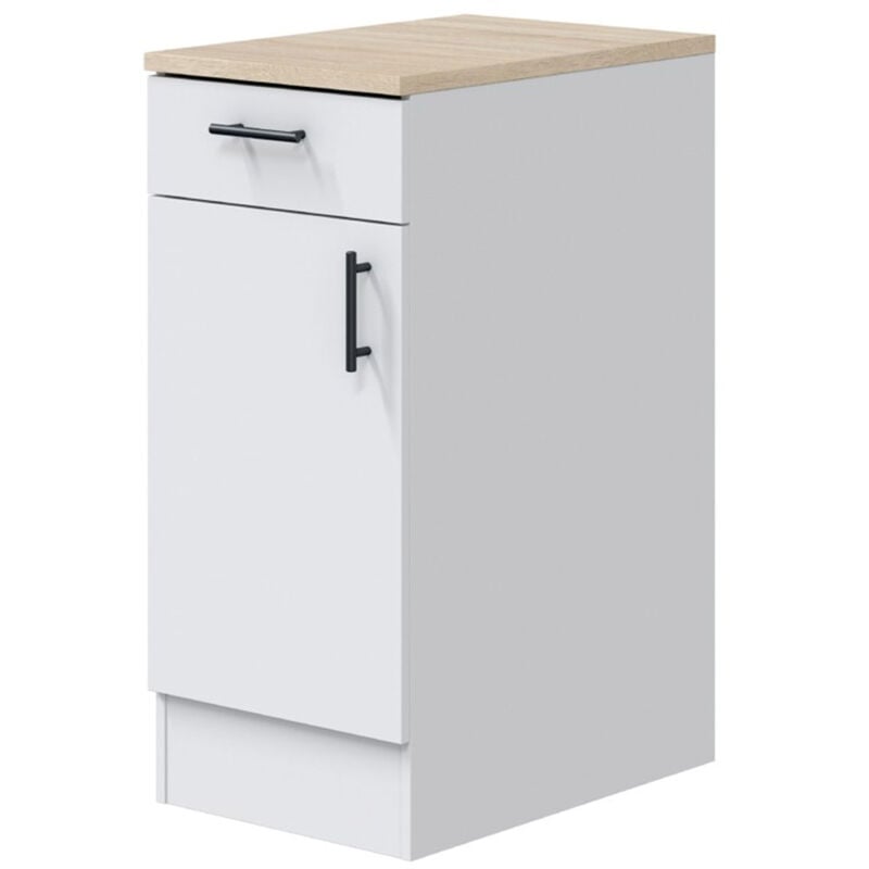 Meuble bas de cuisine avec plan de travail , 1 porte + 1 tiroir coloris blanc brillant /chêne canadien - hauteur 90 x longueur 40 x profondeur 60 cm