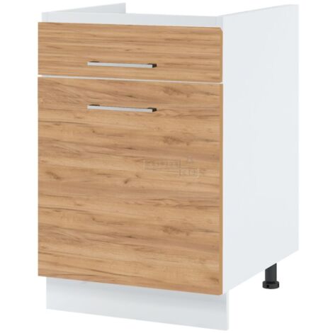 Meuble bas de cuisine Bellissi Chene 1 porte 1 tiroir L 60 cm -  Porte avec poignée apparente Coulisses tiroir avec amortisseur Décor chêne brut