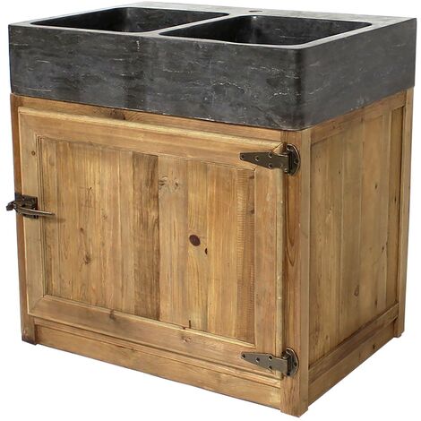 MADE IN MEUBLES Meuble bas de cuisine évier 2 vasques pierre bleue Champêtre