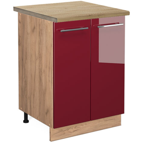 Meuble bas de cuisine Fame-Line, Rouge bordeaux Haute brillance, 60 cm , PT Chêne, Vicco