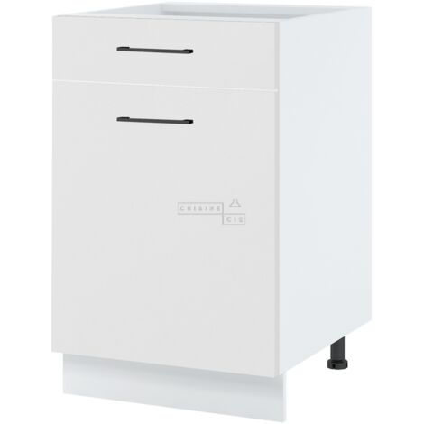 Meuble bas de cuisine Lovia Blanc Mat 1 porte 1 tiroir L 60 cm -  Porte avec poignée apparente Coulisses tiroir avec amortisseur White