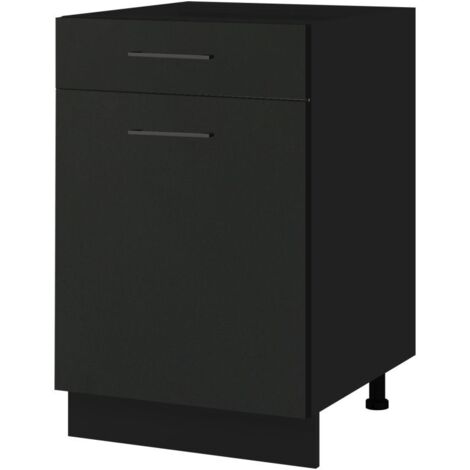 Meuble bas de cuisine Lovia Noir Mat 1 porte 1 tiroir L 60 cm -  Porte avec poignée apparente Coulisses tiroir sans amortisseur Black