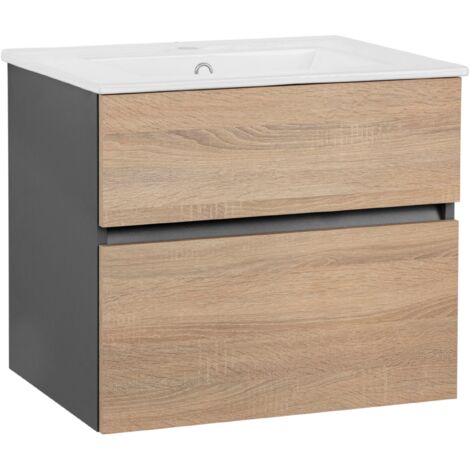 Meuble bas de salle de bain 60 cm – 1 abattant, 1 tiroir – Panneaux de mélamine, aspect chêne anthracite – Fixation sans poignées