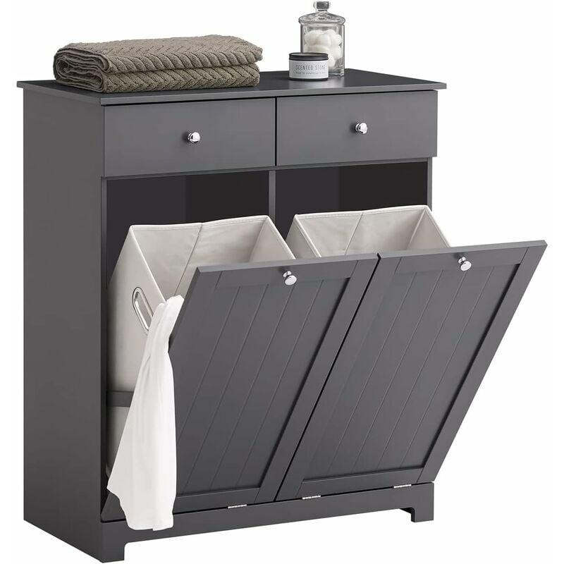 BZR33-DG Meuble Bas de Salle de Bain Armoire Toilette avec 2 Tiroirs et 2 Paniers à Linge Meuble de Rangement Coffre à Linge L78xP38xH90cm – Gris