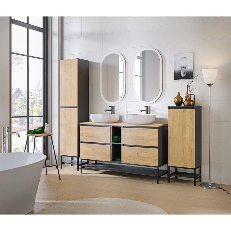Meuble bas de salle de bain avec panier à linge inclus - Gris diamant et chêne hamilton - L40-H87-P33 - MARSEILLA