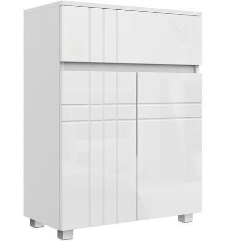 KLEANKIN Meuble bas de salle de bain design contemporain - 2 portes façades laquées, étagère, tiroir - blanc