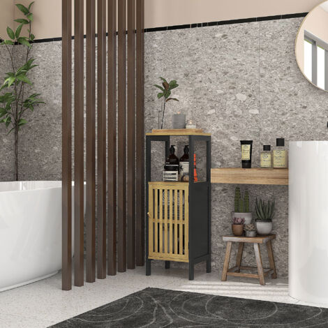 Meuble bas de salle de bain en bambou avec placard 1 porte niche ouverte 32 x 30 x 90.5 cm. noir et bois