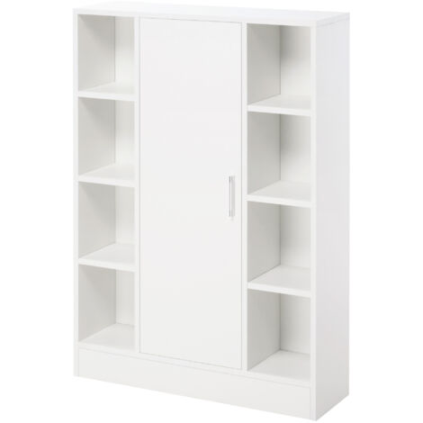 Meuble bas de salle de bain étroit blanc avec huit compartiments ouverts et porte. Rangement optimisé pour aménager petits espaces de vie intérieurs.