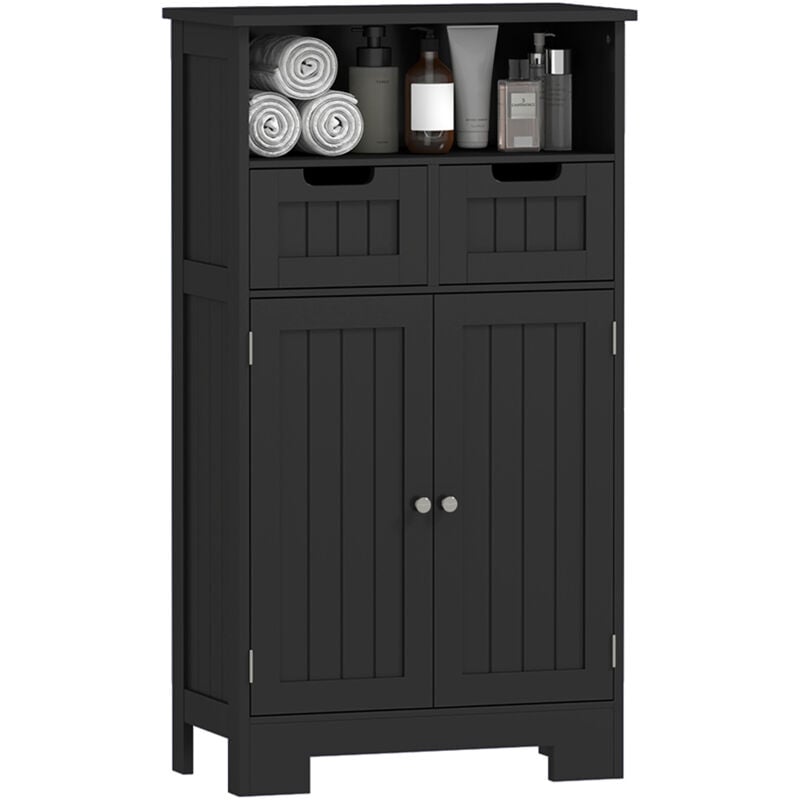 Meuble bas de salle de bain multi-rangements grande niche 2 tiroirs placard double porte avec étagère mdf noir