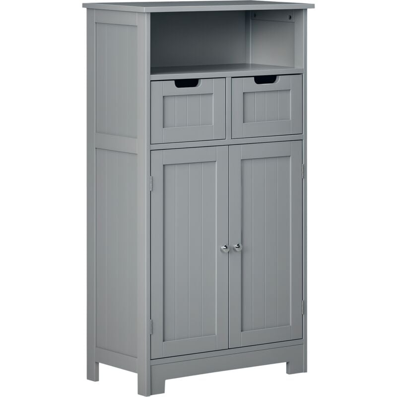 Meuble bas de salle de bain multi-rangements grande niche 2 tiroirs placard double porte avec étagère mdf gris