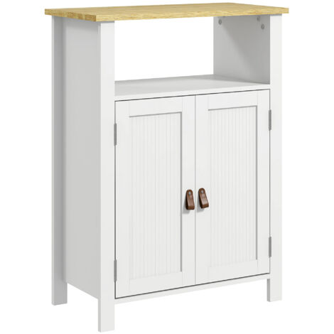 Meuble bas de salle de bain multi-rangements grande niche placard double porte blanc et naturel