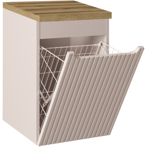 Meuble bas de salle de bain NOVA cachemire avec panier à linge et plan chêne 40 cm