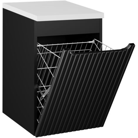 Meuble bas de salle de bain NOVA noir avec panier à linge et plan  blanc 40 cm