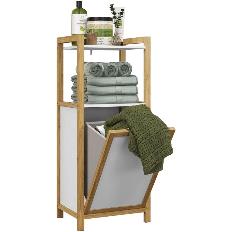 Meuble bas de salle de bain sur pied - 2 étagères, panier à linge - dim. 40L x 30l x 86,5H cm - bambou mdf blanc