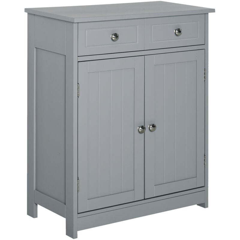 Meuble bas de salle de bain sur pied 2 portes avec étagère réglable 2 tiroirs poignées boutons métal mdf gris