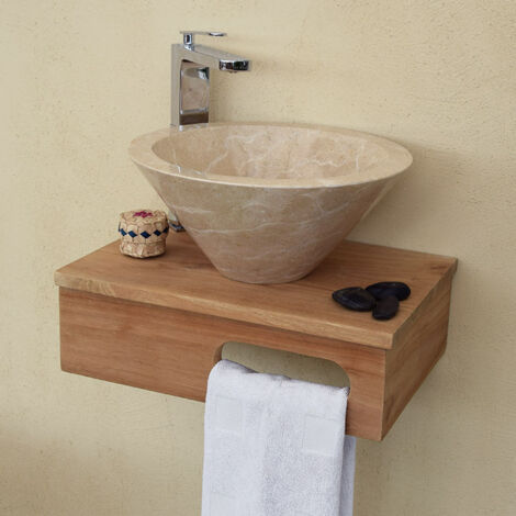 Meuble bas de salle de bain suspendu en teck massif – Dimensions L 44 x l 30 x h 15 cm – Découpe pour serviette – Résistant à l'humidité – Wildwater