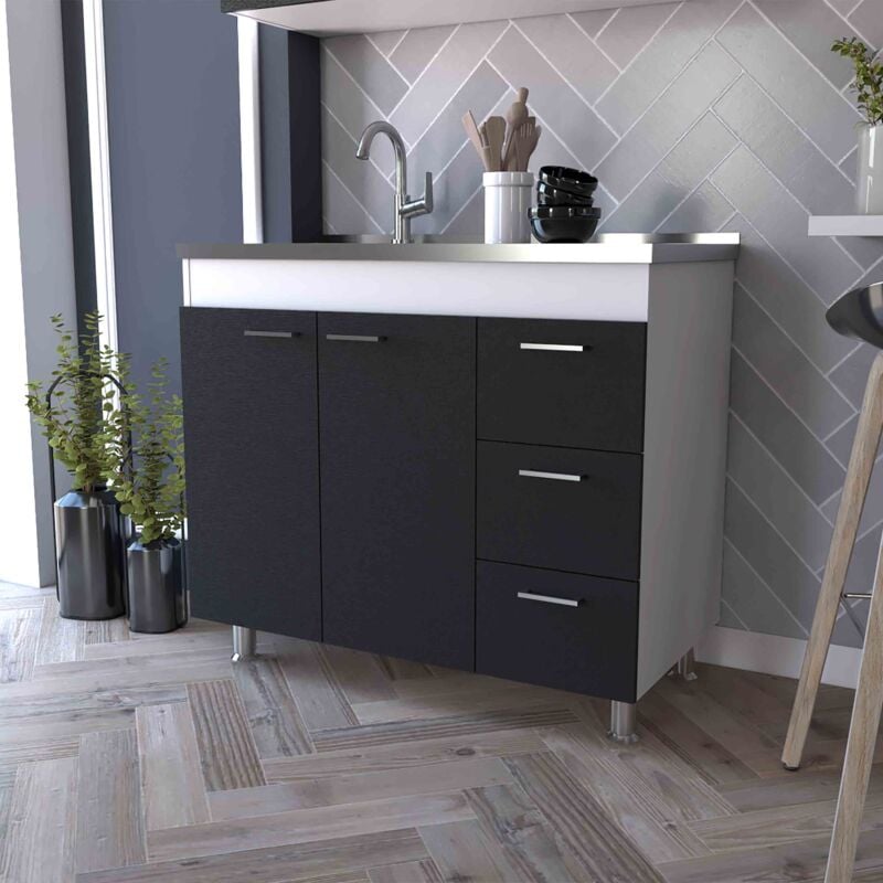 Meuble bas Ferreti en mélamine avec 3 tiroirs, 2 portes et plan de travail en acier inoxydable, multicolore, 90 cm x 100 cm x 52.5 cm