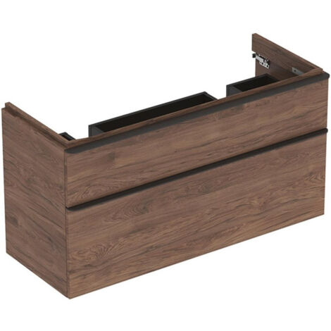 Meuble bas Geberit Smyle Square pour lavabo double,avec deux tiroirs: Largeur 118.4cm, Hauteur 61.7cm, Profondeur 47cm, Noyer Carya/mélamine structuré bois, gris velouté / thermopoudré mat