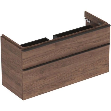 Meuble bas Geberit Smyle Square pour lavabo,avec deux tiroirs: Largeur 118.4cm, Hauteur 61.7cm, Profondeur 47cm, Noyer Carya/mélamine structuré bois, gris velouté / thermopoudré mat