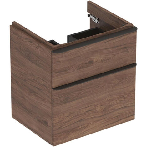 Meuble bas Geberit Smyle Square pour lavabo,avec deux tiroirs: Largeur 58.4cm, Hauteur 61.7cm, Profondeur 47cm, Noyer Carya/mélamine structuré bois, gris velouté / thermopoudré mat