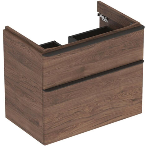 Meuble bas Geberit Smyle Square pour lavabo,avec deux tiroirs: Largeur 73.4cm, Hauteur 61.7cm, Profondeur 47cm, Noyer Carya/mélamine structuré bois, gris velouté / thermopoudré mat