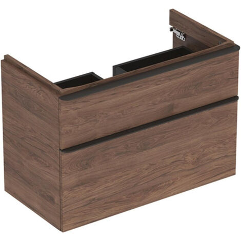 Meuble bas Geberit Smyle Square pour lavabo,avec deux tiroirs: Largeur 88.4cm, Hauteur 61.7cm, Profondeur 47cm, Noyer Carya/mélamine structuré bois, gris velouté / thermopoudré mat