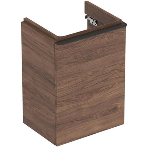Meuble bas Geberit Smyle Square pour lave-mains,avec une porte: Largeur 44.2cm, Hauteur 61.7cm, Profondeur 35.6cm, Noyer Carya/mélamine structuré bois, gris velouté / thermopoudré mat, Largeur de lava