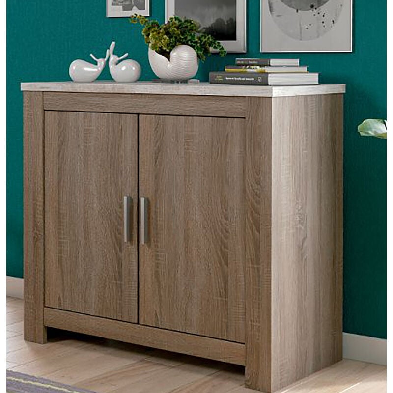 Pegane - Meuble bas, meuble de rangement 2 portes coloris chêne truffé, blanc vieilli - Longueur 99,5 x profondeur 45 x hauteur 90,50 cm