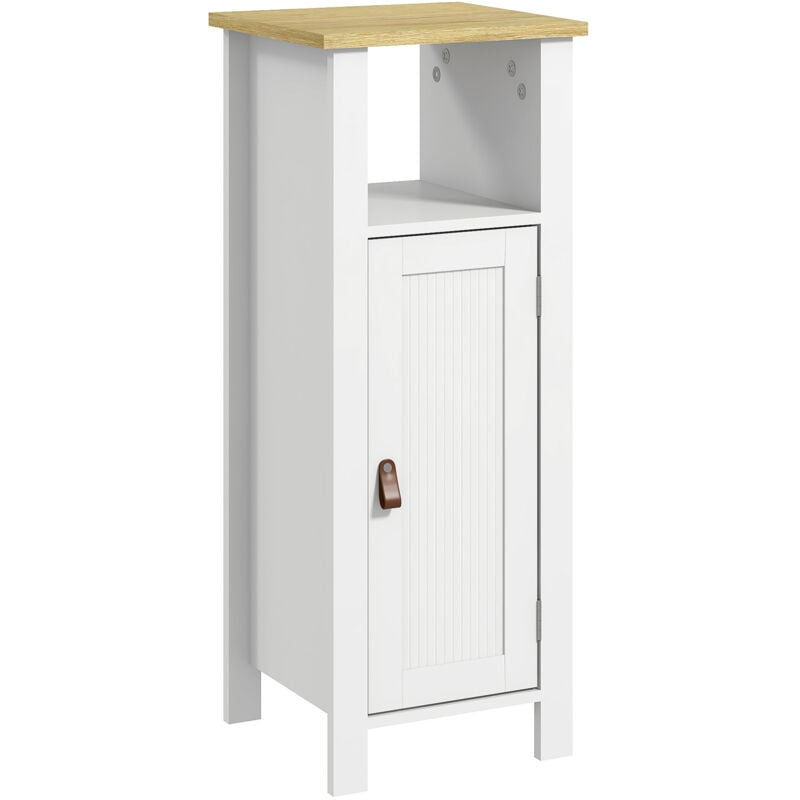 Meuble bas de salle de bain sur pied porte 2 étagères niche plateau aspect bois clair blanc