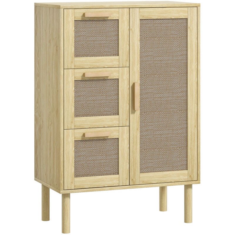 Meuble bas salle de bain style bohème - porte, étagère, 3 tiroirs - effet rotin bois clair