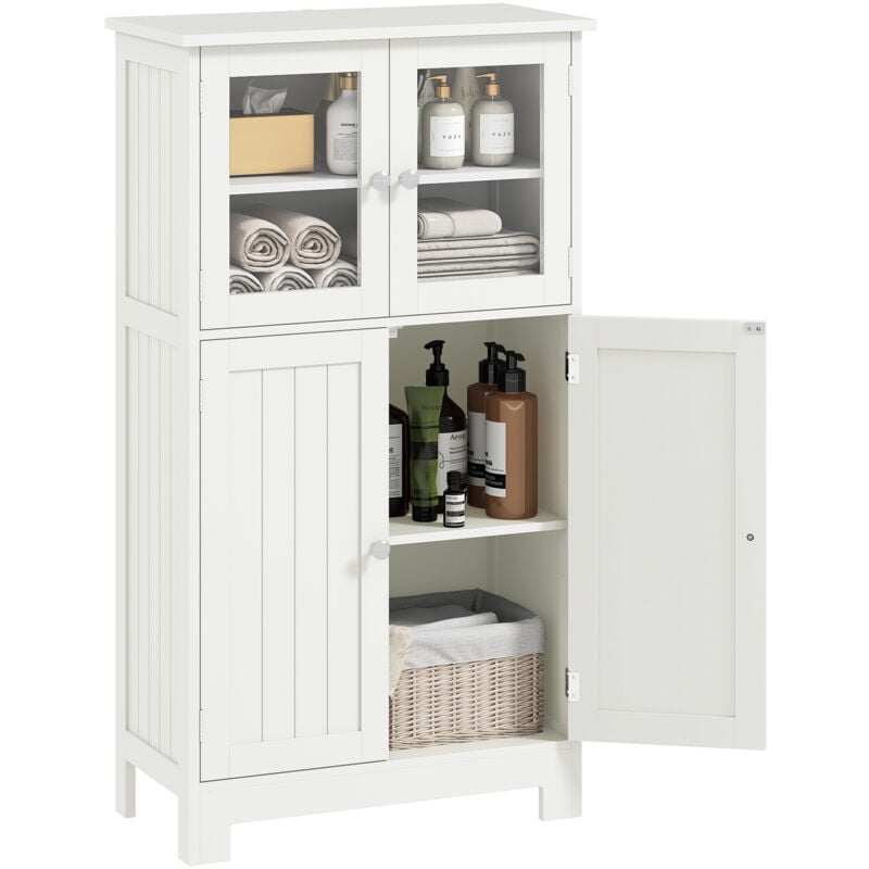 Kleankin - Meuble bas salle de bain sur pied 4 portes 2 étagères verre trempé mdf blanc