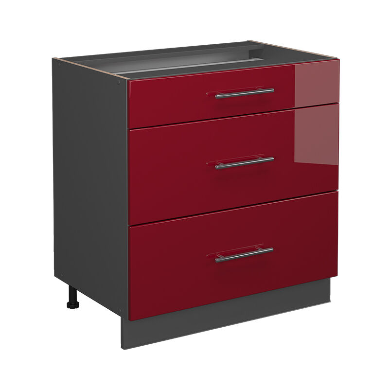 Meuble cuisine Fame-Line, Rouge bordeaux Haute brillance, 80 cm avec 3 tiroirs, sans plan de travail Vicco