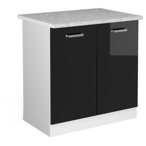 Meuble bas sous-évier R-Line, Noir Haute brillance, 80 cm , PT Marbre, Vicco