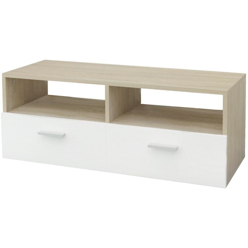 Ml-design - Meuble Bas tv, Blanc/Naturel, 95x36x35 cm, Panneau de Particules mdf Finition Mélaminée, avec 2 Portes Pliantes et 2 Compartiments