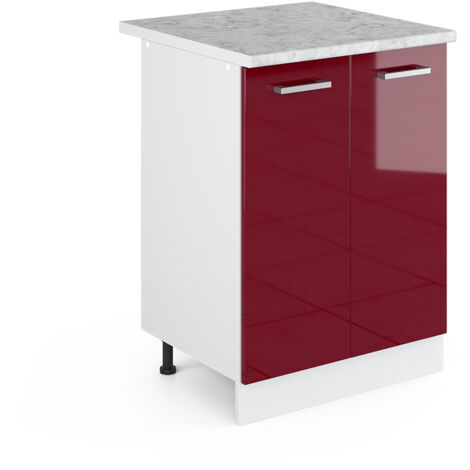 Meuble bas universel R-Line, Rouge bordeaux Haute brillance, 60 cm avec portes, avec plan de travail, Vicco