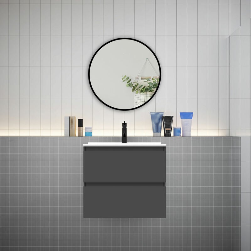 Biubiubath - Meuble Anthracite simple vasque l.60 x W.38.5 x H.52 cm,lavabo + miroir rond-suspendu