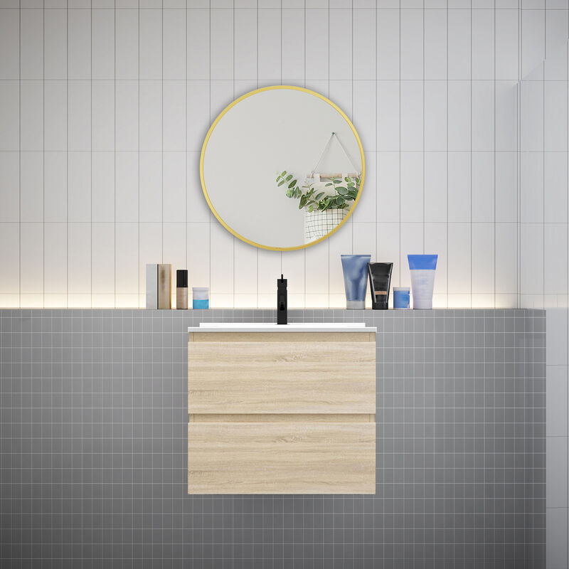 Biubiubath - Meuble Chêne simple vasque l.60 x W.38.5 x H.52 cm,lavabo + miroir rond-suspendu