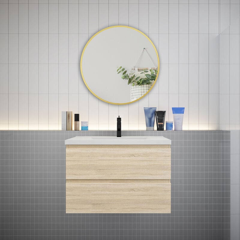 Biubiubath - Meuble Chêne simple vasque l.79 x W.44.5 x H.52 cm,lavabo + miroir rond-suspendu