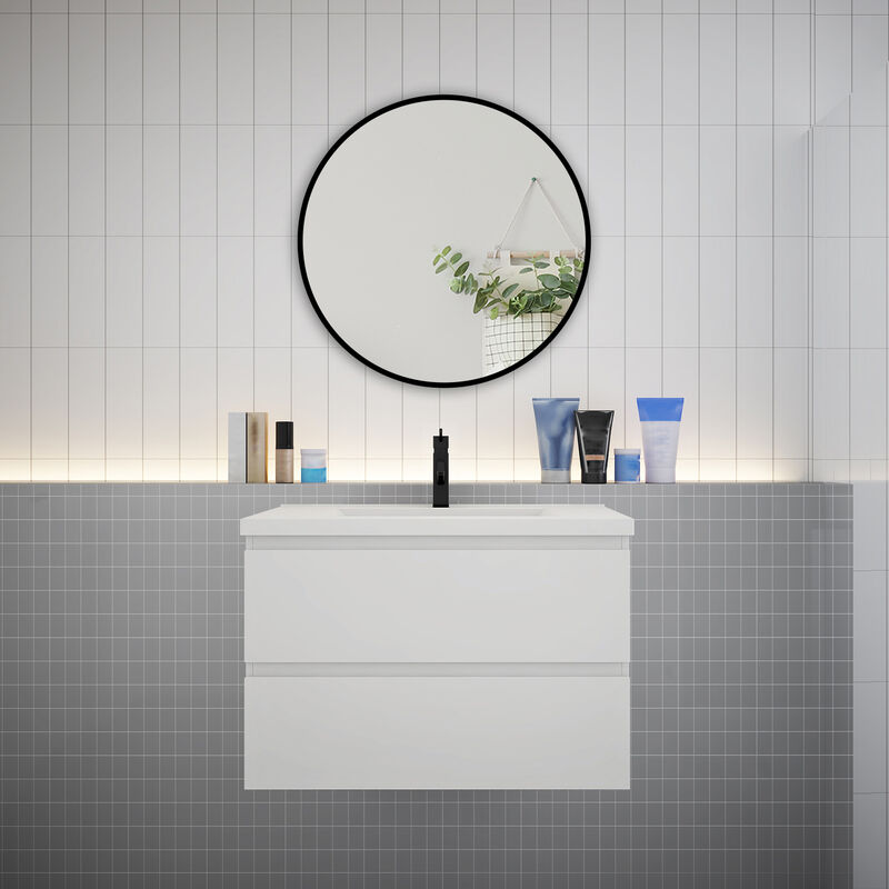 Biubiubath - Meuble Blanc simple vasque l.79 x W.44.5 x H.52 cm,lavabo + miroir rond-suspendu