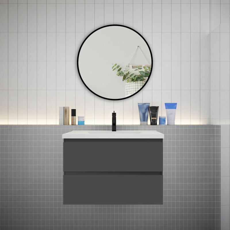 Biubiubath - Meuble Anthracite simple vasque l.79 x W.44.5 x H.52 cm,lavabo + miroir rond-suspendu